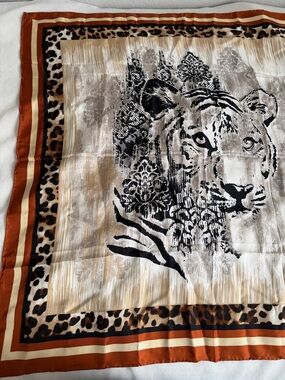 Chico's Linear Leopard 100% Pure Silk Scarf Scarves Square Multi Warm